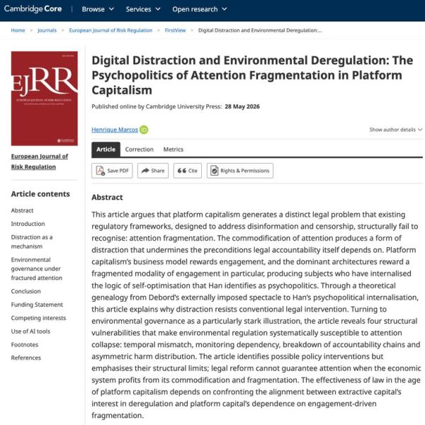 New Publication: Digital Distraction and Environmental Deregulation (European Journal of Risk&nbsp;Regulation)