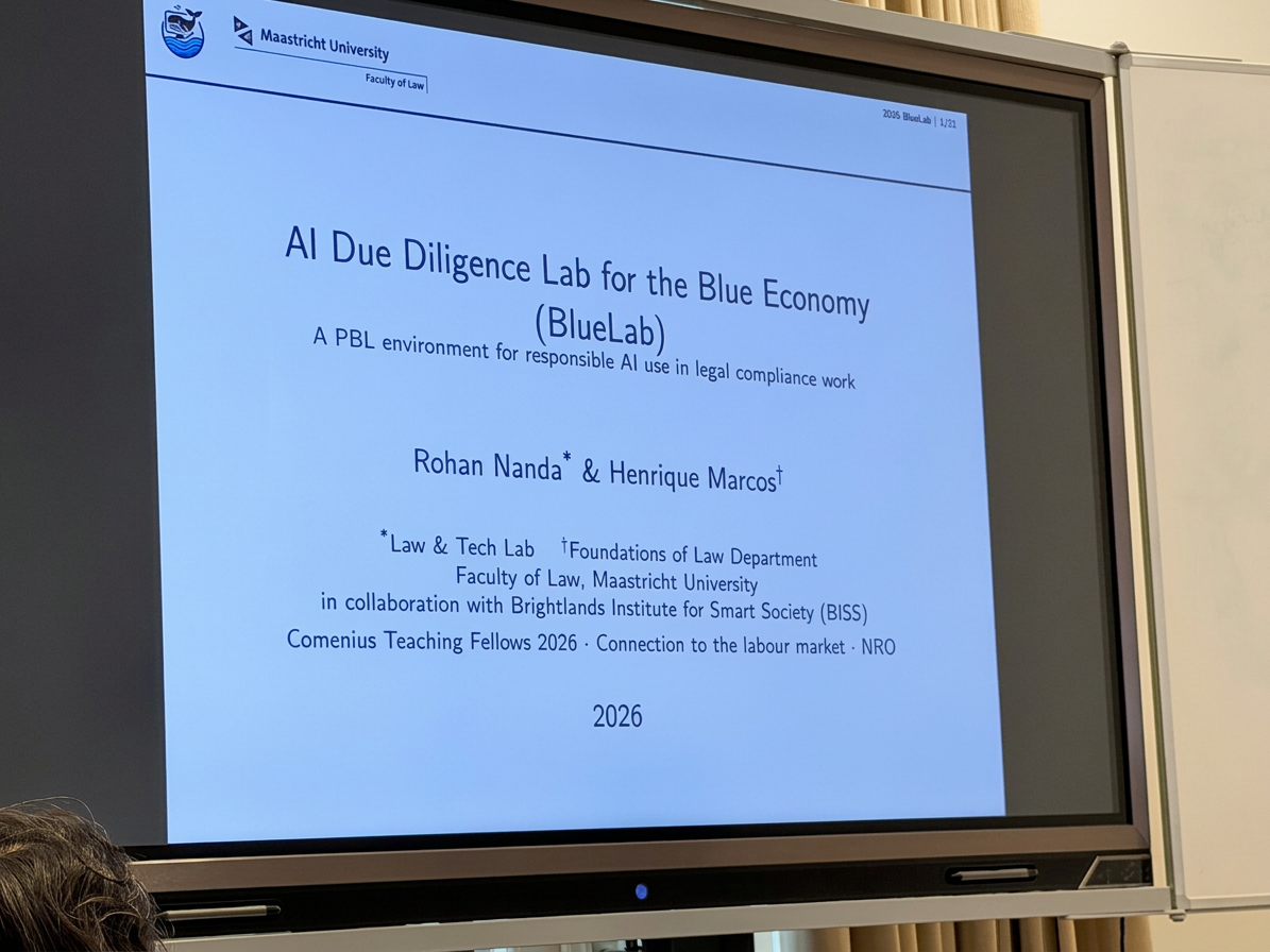 Title slide of the BlueLab presentation at MILE’s Learning@Law series, Maastricht, October 2026